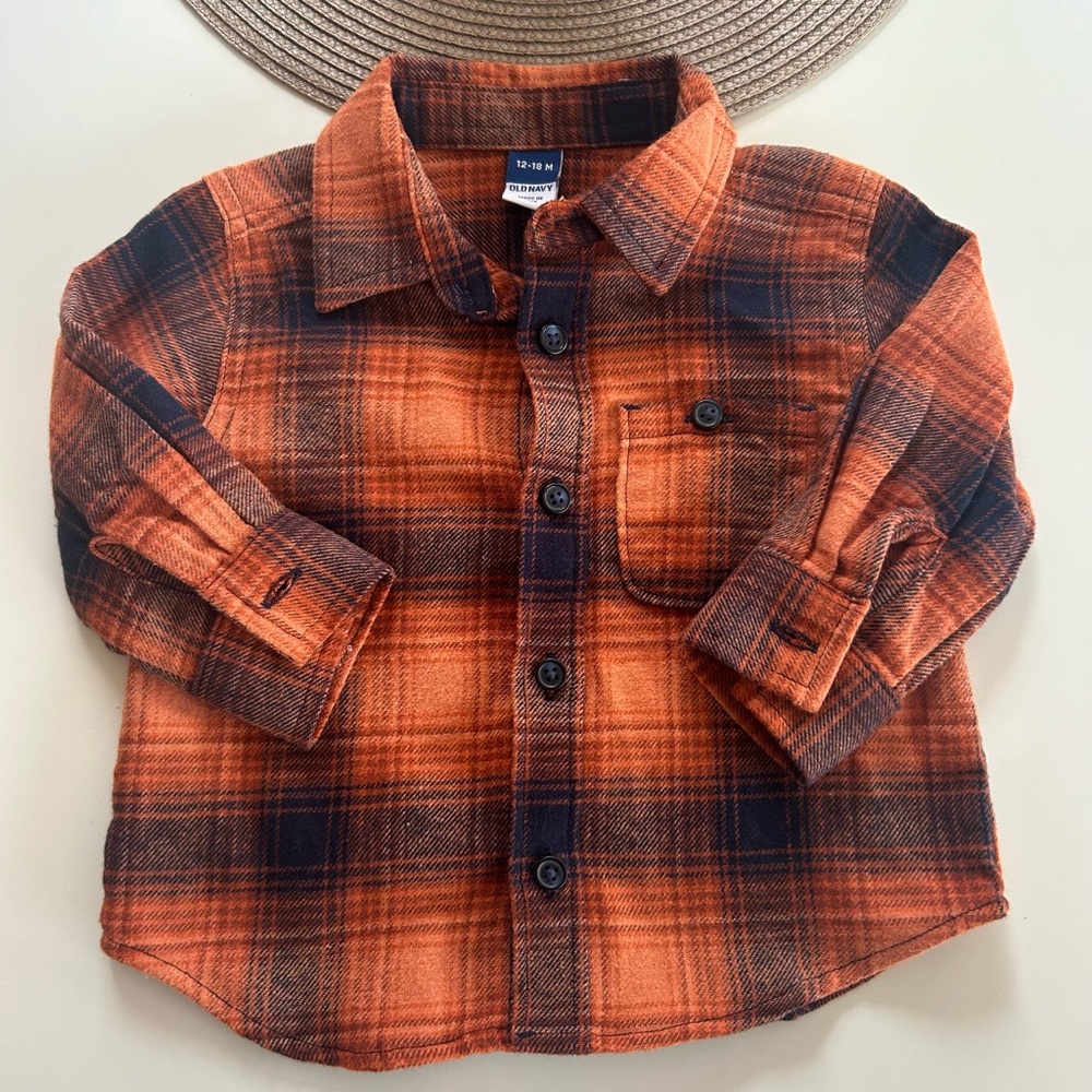 Kids Plaid Shirt - Orange and Navy
